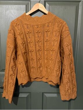 Cider Camel Textured Cable-Detail Crewneck Sweater